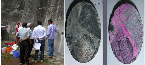 On-site investigation of Idduki Dam and Colour Staining Test on extracted concrete cores for detection of Alkali Silica Reaction