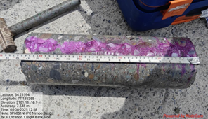 Carbonation depth measured on freshly extracted concrete core at site